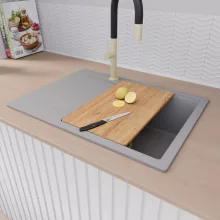 HD Onyx Grey 68-XL egymedencés gránit mosogatótálca szett, csepegtetőtálcával, vágódeszkával, acél csepegtetőráccsal és kosárral, alpesi szürke színben, szálcsiszolt arany leeresztő szifonnal