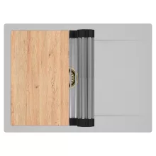 HD Onyx Grey 68-XL egymedencés gránit mosogatótálca szett, csepegtetőtálcával, vágódeszkával, acél csepegtetőráccsal, alpesi szürke színben, szálcsiszolt arany leeresztő szifonnal