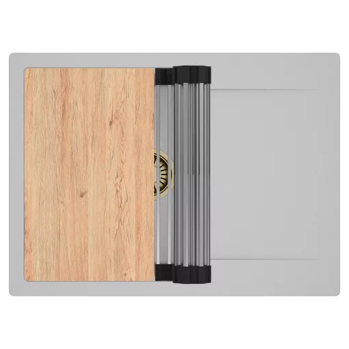 HD Onyx Grey 68-XL egymedencés gránit mosogatótálca szett, csepegtetőtálcával, vágódeszkával, acél csepegtetőráccsal, alpesi szürke színben, szálcsiszolt arany leeresztő szifonnal