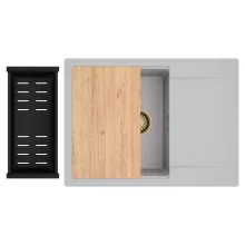 HD Onyx Grey 68-XL egymedencés gránit mosogatótálca szett, csepegtetőtálcával, vágódeszkával, matt fekete csepegtetőkosárral, alpesi szürke színben, szálcsiszolt arany leeresztő szifonnal