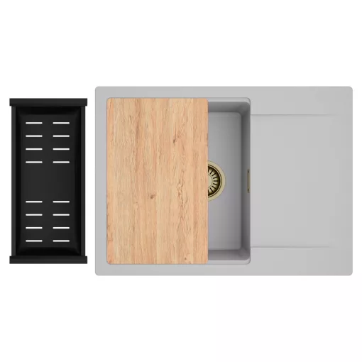 HD Onyx Grey 68-XL egymedencés gránit mosogatótálca szett, csepegtetőtálcával, vágódeszkával, matt fekete csepegtetőkosárral, alpesi szürke színben, szálcsiszolt arany leeresztő szifonnal