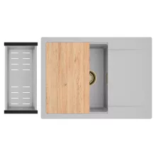 HD Onyx Grey 68-XL egymedencés gránit mosogatótálca szett, csepegtetőtálcával, vágódeszkával, acél csepegtetőkosárral, alpesi szürke színben, szálcsiszolt arany leeresztő szifonnal