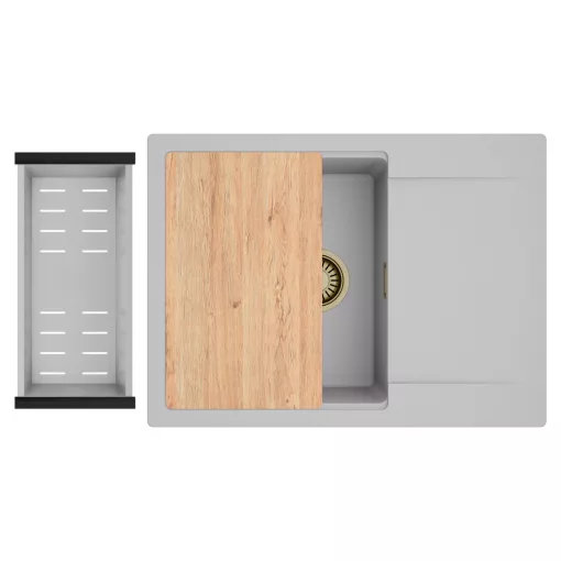 HD Onyx Grey 68-XL egymedencés gránit mosogatótálca szett, csepegtetőtálcával, vágódeszkával, acél csepegtetőkosárral, alpesi szürke színben, szálcsiszolt arany leeresztő szifonnal
