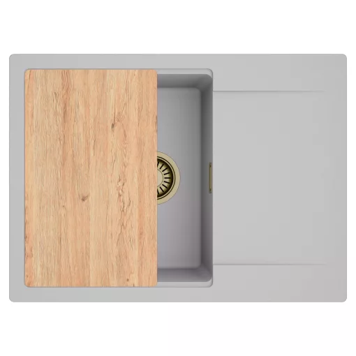 HD Onyx Grey 68-XL egymedencés gránit mosogatótálca, vágódeszkával, alpesi szürke színben, szálcsiszolt arany leeresztő szifonnal
