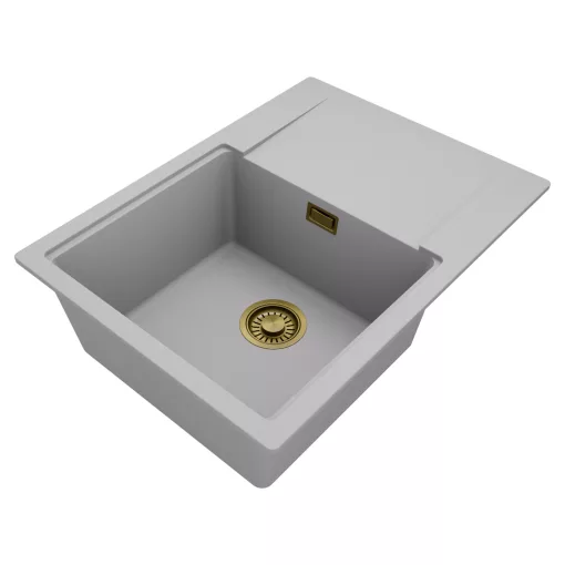 HD Onyx Grey 68-XL egymedencés gránit mosogatótálca, vágódeszkával, alpesi szürke színben, szálcsiszolt arany leeresztő szifonnal