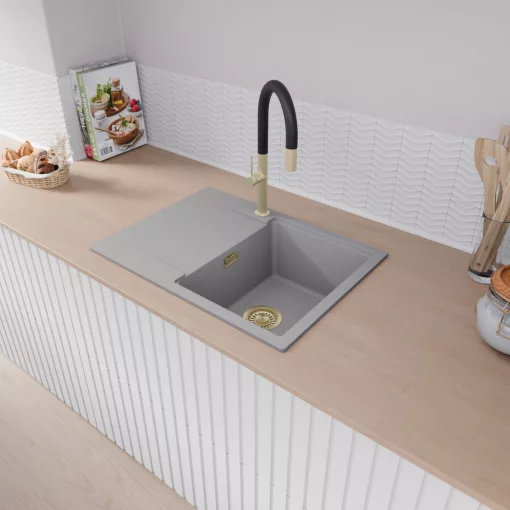 HD Onyx Grey 68-XL egymedencés gránit mosogatótálca, vágódeszkával, alpesi szürke színben, szálcsiszolt arany leeresztő szifonnal