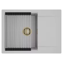 HD Onyx Grey 68-XL egymedencés mosogatótálca szett, acél csepegtetőráccsal, csepegtetőtálcával, alpesi szürke színben, szálcsiszolt arany leeresztő szifonnal