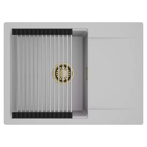 HD Onyx Grey 68-XL egymedencés mosogatótálca szett, acél csepegtetőráccsal, csepegtetőtálcával, alpesi szürke színben, szálcsiszolt arany leeresztő szifonnal