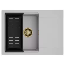 HD Onyx Grey 68-XL egymedencés mosogatótálca szett, matt fekete csepegtetőkosárral, csepegtetőtálcával, alpesi szürke színben, szálcsiszolt arany leeresztő szifonnal