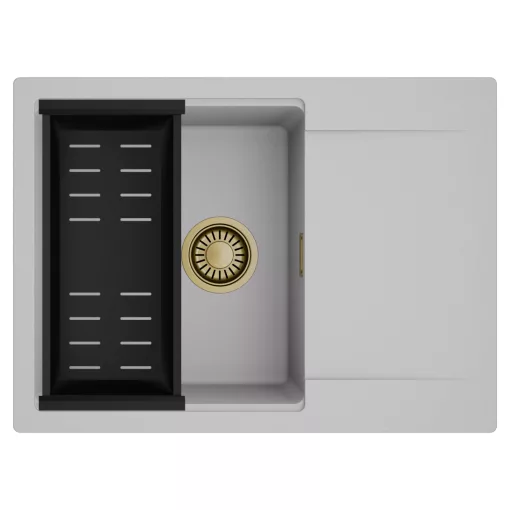HD Onyx Grey 68-XL egymedencés mosogatótálca szett, matt fekete csepegtetőkosárral, csepegtetőtálcával, alpesi szürke színben, szálcsiszolt arany leeresztő szifonnal