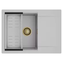 HD Onyx Grey 68-XL egymedencés mosogatótálca szett, acél csepegtetőkosárral, csepegtetőtálcával, alpesi szürke színben, szálcsiszolt arany leeresztő szifonnal