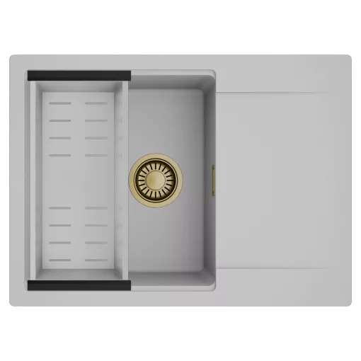 HD Onyx Grey 68-XL egymedencés mosogatótálca szett, acél csepegtetőkosárral, csepegtetőtálcával, alpesi szürke színben, szálcsiszolt arany leeresztő szifonnal