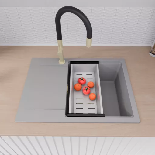 HD Onyx Grey 68-XL egymedencés mosogatótálca szett, acél csepegtetőkosárral, csepegtetőtálcával, alpesi szürke színben, szálcsiszolt arany leeresztő szifonnal