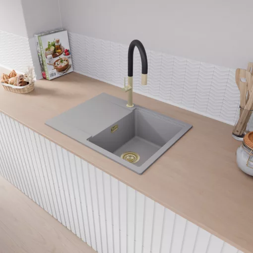 HD Onyx Grey 68-XL egymedencés mosogatótálca, csepegtetőtálcával, alpesi szürke színben, szálcsiszolt arany leeresztő szifonnal