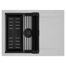 HD Onyx Grey 68-XL egymedencés mosogatótálca szett, matt fekete csepegtetőráccsal és kosárral, csepegtetőtálcával, alpesi szürke színben, matt fekete leeresztő szifonnal