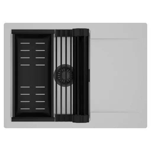 HD Onyx Grey 68-XL egymedencés mosogatótálca szett, matt fekete csepegtetőráccsal és kosárral, csepegtetőtálcával, alpesi szürke színben, matt fekete leeresztő szifonnal