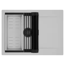 HD Onyx Grey 68-XL egymedencés mosogatótálca szett, matt fekete csepegtetőráccsal és krómozott kosárral, csepegtetőtálcával, alpesi szürke színben, matt fekete leeresztő szifonnal