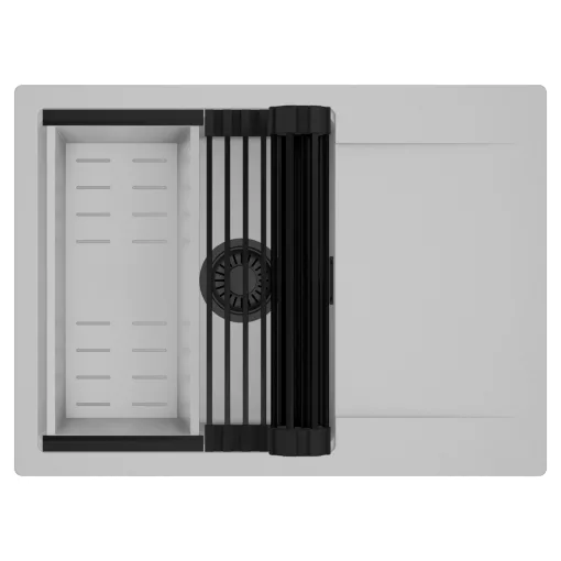 HD Onyx Grey 68-XL egymedencés mosogatótálca szett, matt fekete csepegtetőráccsal és krómozott kosárral, csepegtetőtálcával, alpesi szürke színben, matt fekete leeresztő szifonnal