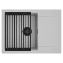 HD Onyx Grey 68-XL egymedencés mosogatótálca szett, matt fekete csepegtetőráccsal, csepegtetőtálcával, alpesi szürke színben, matt fekete leeresztő szifonnal