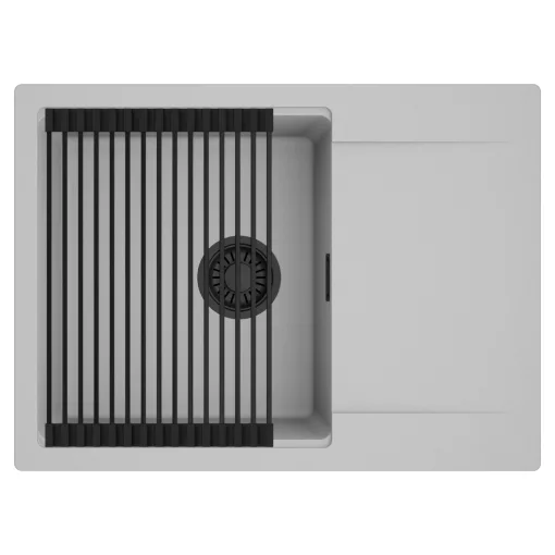 HD Onyx Grey 68-XL egymedencés mosogatótálca szett, matt fekete csepegtetőráccsal, csepegtetőtálcával, alpesi szürke színben, matt fekete leeresztő szifonnal