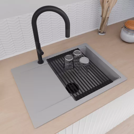 HD Onyx Grey 68-XL egymedencés mosogatótálca szett, matt fekete csepegtetőráccsal, csepegtetőtálcával, alpesi szürke színben, matt fekete leeresztő szifonnal