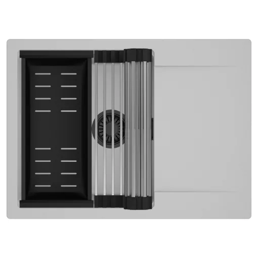 HD Onyx Grey 68-XL egymedencés mosogatótálca szett, acél csepegtetőráccsal és matt fekete kosárral, csepegtetőtálcával, alpesi szürke színben, matt fekete leeresztő szifonnal