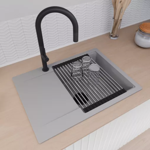 HD Onyx Grey 68-XL egymedencés mosogatótálca szett, acél csepegtetőráccsal és kosárral, csepegtetőtálcával, alpesi szürke színben, matt fekete leeresztő szifonnal