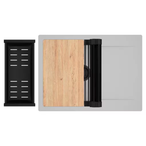 HD Onyx Grey 68-XL egymedencés gránit mosogatótálca szett, csepegtetőtálcával, vágódeszkával, matt fekete csepegtetőráccsal és kosárral, alpesi szürke színben, matt fekete leeresztő szifonnal