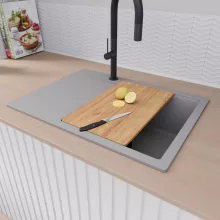 HD Onyx Grey 68-XL egymedencés gránit mosogatótálca szett, csepegtetőtálcával, vágódeszkával, matt fekete csepegtetőráccsal és kosárral, alpesi szürke színben, matt fekete leeresztő szifonnal