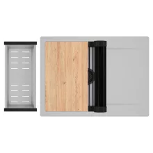 HD Onyx Grey 68-XL egymedencés gránit mosogatótálca szett, csepegtetőtálcával, vágódeszkával, matt fekete csepegtetőráccsal és krómozott kosárral, alpesi szürke színben, matt fekete leeresztő szifonnal