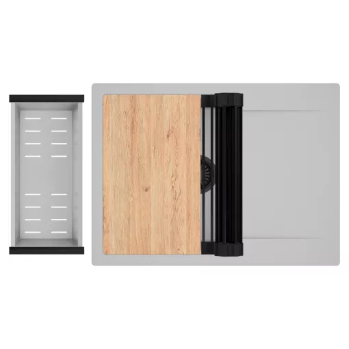 HD Onyx Grey 68-XL egymedencés gránit mosogatótálca szett, csepegtetőtálcával, vágódeszkával, matt fekete csepegtetőráccsal és krómozott kosárral, alpesi szürke színben, matt fekete leeresztő szifonnal