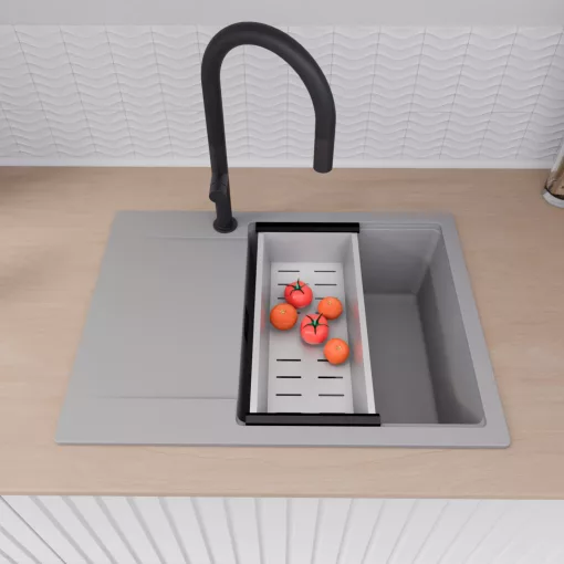 HD Onyx Grey 68-XL egymedencés gránit mosogatótálca szett, csepegtetőtálcával, vágódeszkával, matt fekete csepegtetőráccsal és krómozott kosárral, alpesi szürke színben, matt fekete leeresztő szifonnal