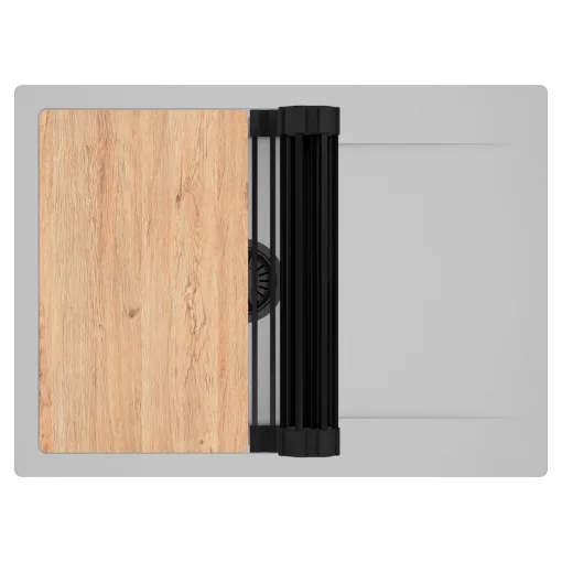 HD Onyx Grey 68-XL egymedencés gránit mosogatótálca szett, csepegtetőtálcával, vágódeszkával, matt fekete csepegtetőráccsal, alpesi szürke színben, matt fekete leeresztő szifonnal