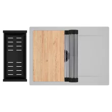 HD Onyx Grey 68-XL egymedencés gránit mosogatótálca szett, csepegtetőtálcával, vágódeszkával, acél csepegtetőráccsal és matt fekete kosárral, alpesi szürke színben, matt fekete leeresztő szifonnal