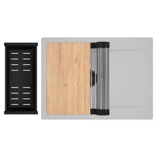 HD Onyx Grey 68-XL egymedencés gránit mosogatótálca szett, csepegtetőtálcával, vágódeszkával, acél csepegtetőráccsal és matt fekete kosárral, alpesi szürke színben, matt fekete leeresztő szifonnal