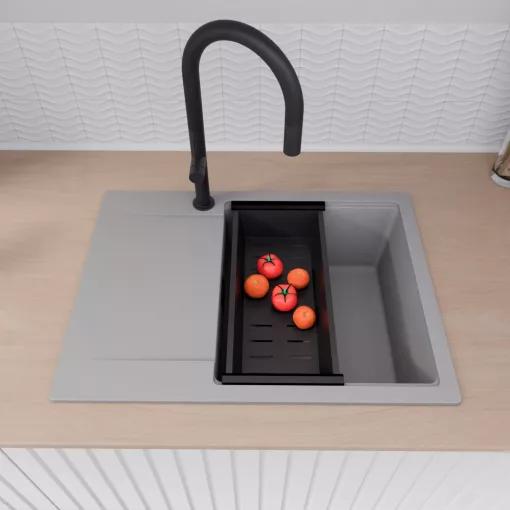 HD Onyx Grey 68-XL egymedencés gránit mosogatótálca szett, csepegtetőtálcával, vágódeszkával, acél csepegtetőráccsal és matt fekete kosárral, alpesi szürke színben, matt fekete leeresztő szifonnal