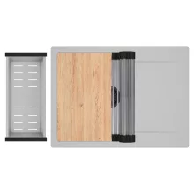 HD Onyx Grey 68-XL egymedencés gránit mosogatótálca szett, csepegtetőtálcával, vágódeszkával, acél csepegtetőráccsal és kosárral, alpesi szürke színben, matt fekete leeresztő szifonnal