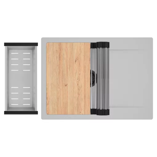 HD Onyx Grey 68-XL egymedencés gránit mosogatótálca szett, csepegtetőtálcával, vágódeszkával, acél csepegtetőráccsal és kosárral, alpesi szürke színben, matt fekete leeresztő szifonnal