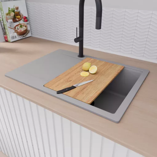 HD Onyx Grey 68-XL egymedencés gránit mosogatótálca szett, csepegtetőtálcával, vágódeszkával, acél csepegtetőráccsal és kosárral, alpesi szürke színben, matt fekete leeresztő szifonnal