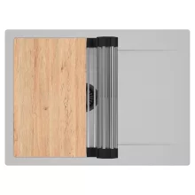 HD Onyx Grey 68-XL egymedencés gránit mosogatótálca szett, csepegtetőtálcával, vágódeszkával, acél csepegtetőráccsal, alpesi szürke színben, matt fekete leeresztő szifonnal