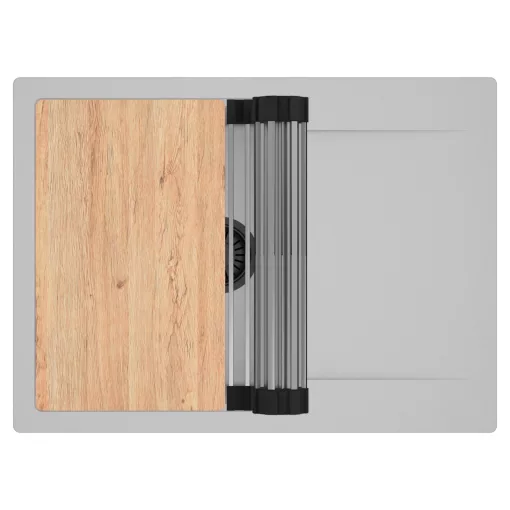 HD Onyx Grey 68-XL egymedencés gránit mosogatótálca szett, csepegtetőtálcával, vágódeszkával, acél csepegtetőráccsal, alpesi szürke színben, matt fekete leeresztő szifonnal