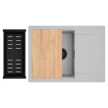 HD Onyx Grey 68-XL egymedencés gránit mosogatótálca szett, csepegtetőtálcával, vágódeszkával, matt fekete csepegtetőkosárral, alpesi szürke színben, matt fekete leeresztő szifonnal