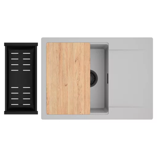 HD Onyx Grey 68-XL egymedencés gránit mosogatótálca szett, csepegtetőtálcával, vágódeszkával, matt fekete csepegtetőkosárral, alpesi szürke színben, matt fekete leeresztő szifonnal
