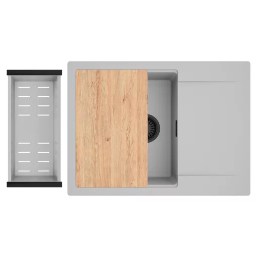 HD Onyx Grey 68-XL egymedencés gránit mosogatótálca szett, csepegtetőtálcával, vágódeszkával, acél csepegtetőkosárral, alpesi szürke színben, matt fekete leeresztő szifonnal