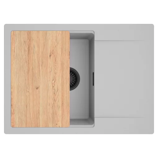 HD Onyx Grey 68-XL egymedencés gránit mosogatótálca, vágódeszkával, alpesi szürke színben, matt fekete leeresztő szifonnal