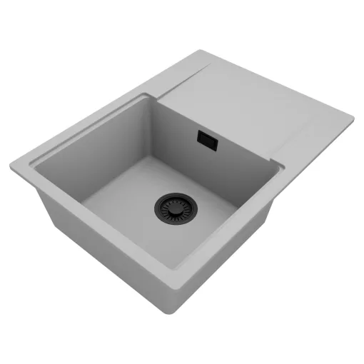 HD Onyx Grey 68-XL egymedencés gránit mosogatótálca, vágódeszkával, alpesi szürke színben, matt fekete leeresztő szifonnal