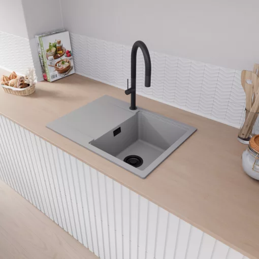 HD Onyx Grey 68-XL egymedencés gránit mosogatótálca, vágódeszkával, alpesi szürke színben, matt fekete leeresztő szifonnal