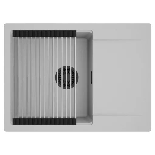 HD Onyx Grey 68-XL egymedencés mosogatótálca szett, acél csepegtetőráccsal, csepegtetőtálcával, alpesi szürke színben, matt fekete leeresztő szifonnal