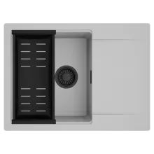 HD Onyx Grey 68-XL egymedencés mosogatótálca szett, matt fekete csepegtetőkosárral, csepegtetőtálcával, alpesi szürke színben, matt fekete leeresztő szifonnal