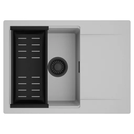 HD Onyx Grey 68-XL egymedencés mosogatótálca szett, matt fekete csepegtetőkosárral, csepegtetőtálcával, alpesi szürke színben, matt fekete leeresztő szifonnal